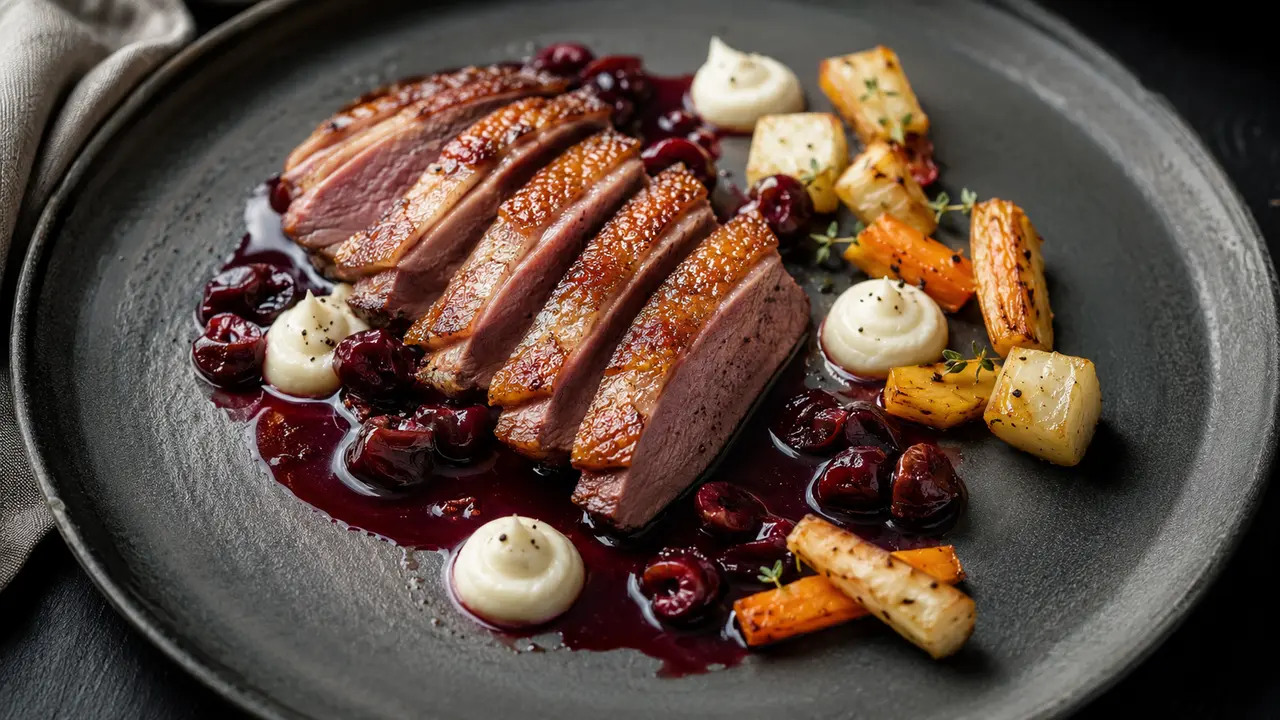 Szeletelt kacsamell savanykás meggymártással és zöldségkörettel