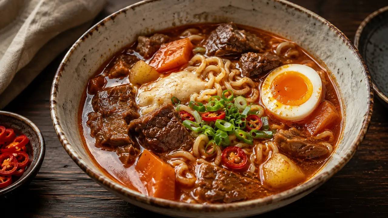 Magyar–japán gulyás ramen marhahússal, tésztával és tojással