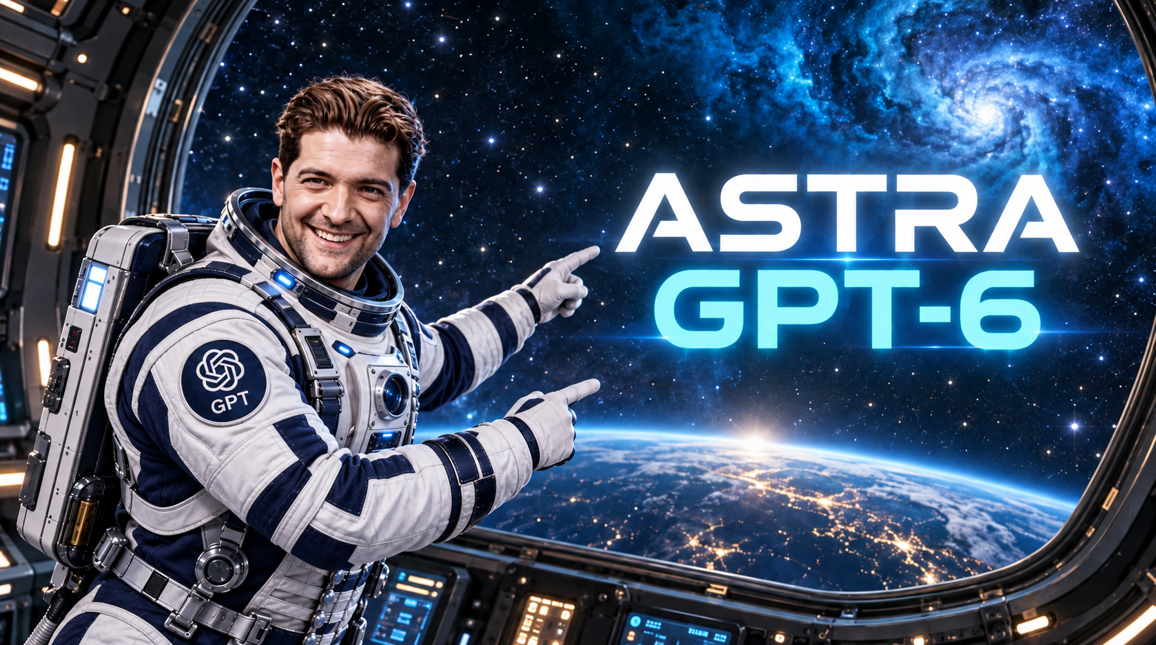 GPT‑6 Astra űrhajósként a világűrben, GPT-jelzéssel az űrruha oldalán