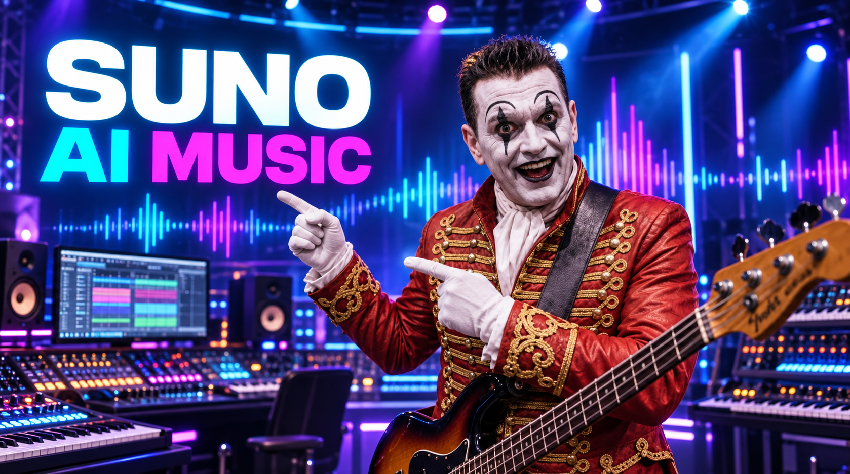 Meglepett, boldog zenei karakter a SUNO AI MUSIC felirat előtt
