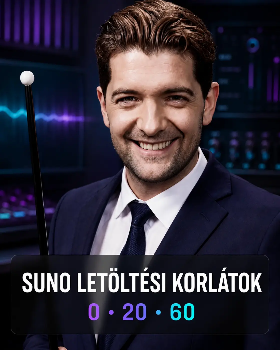 Öltönyös zenei útmutató lila-kék stúdióban