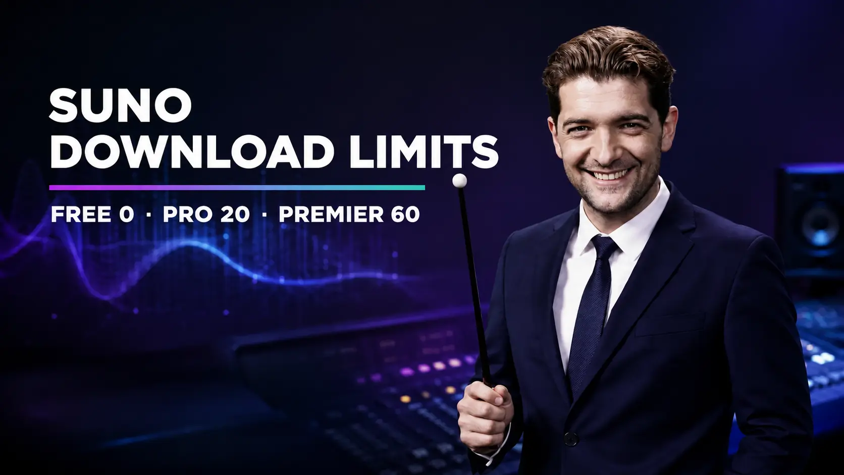 A suited music guide with a Suno download-limits headline