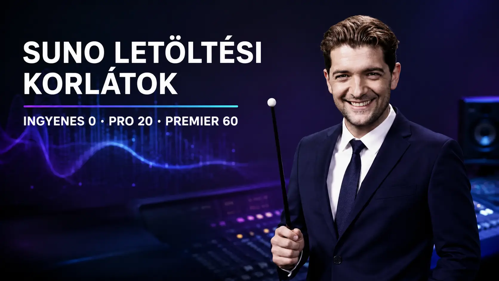 Öltönyös zenei útmutató a Suno letöltési korlátok feliratával