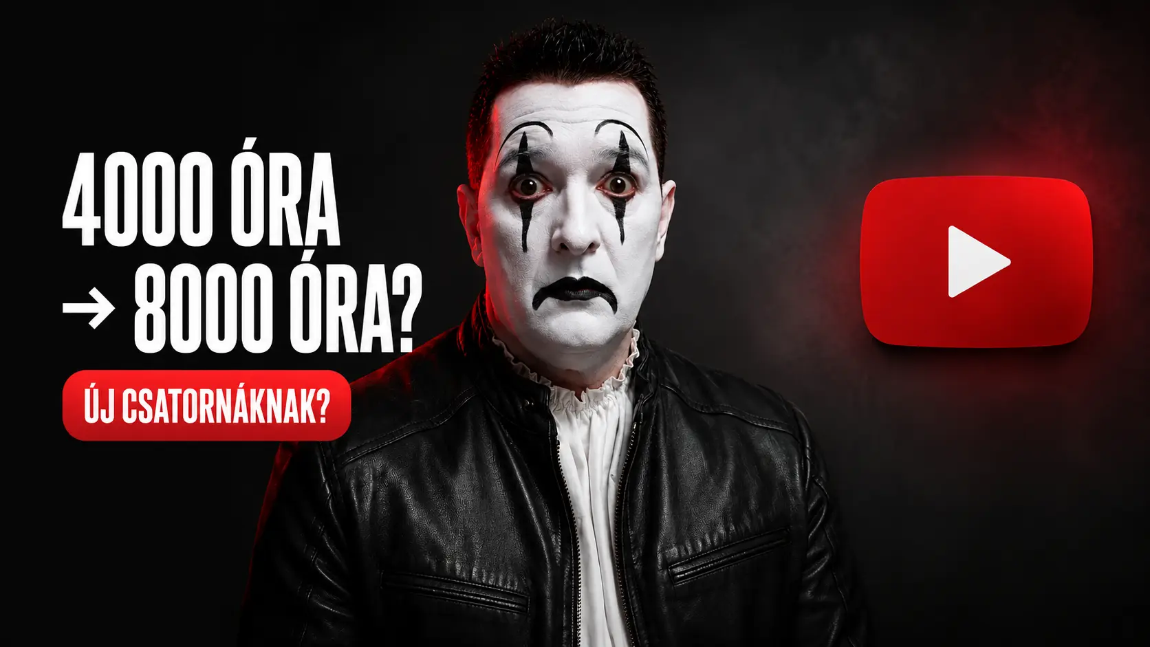 Meglepődött bohóc YouTube-jelképpel és a 4000-ről 8000 órára felirattal