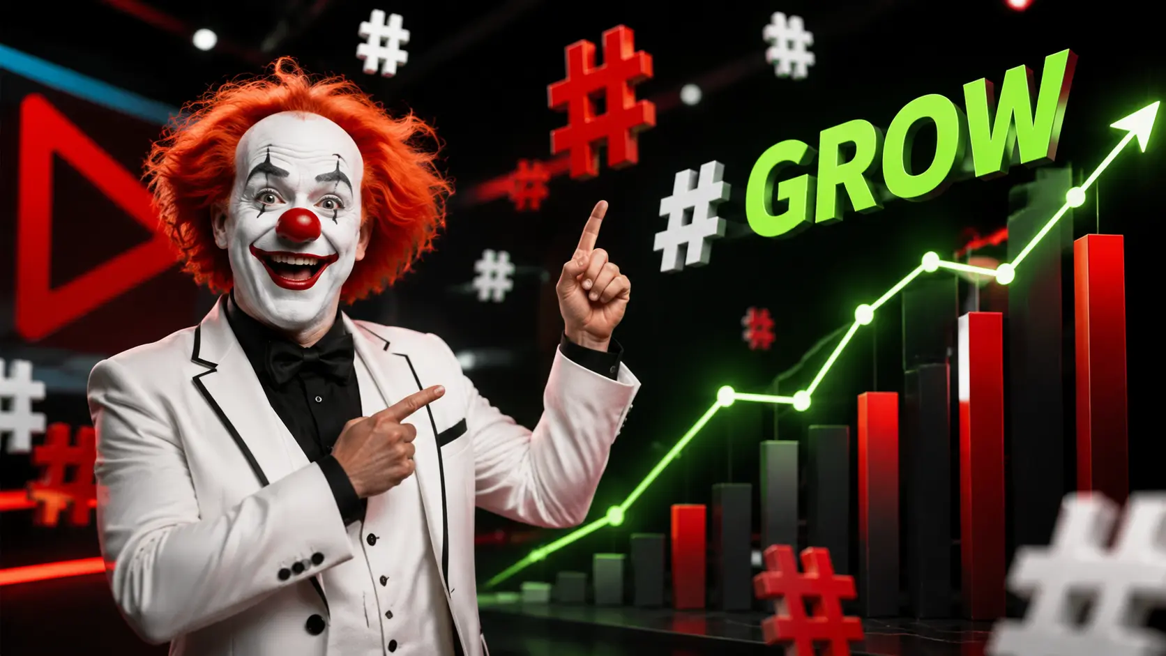 Vidám bohóc YouTube-növekedési grafikonnal és hashtagekkel