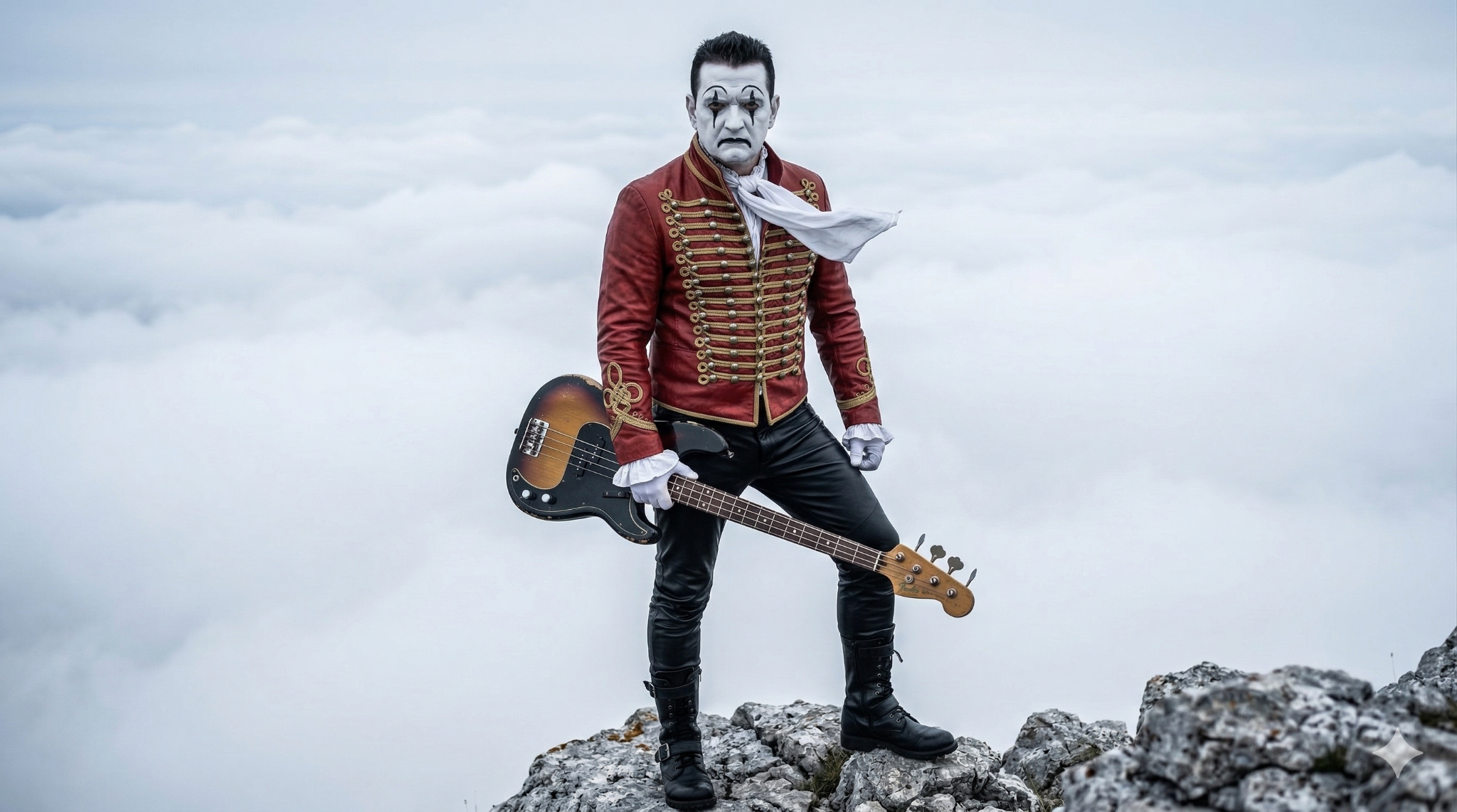 Vörös huszárruhás basszusgitáros
