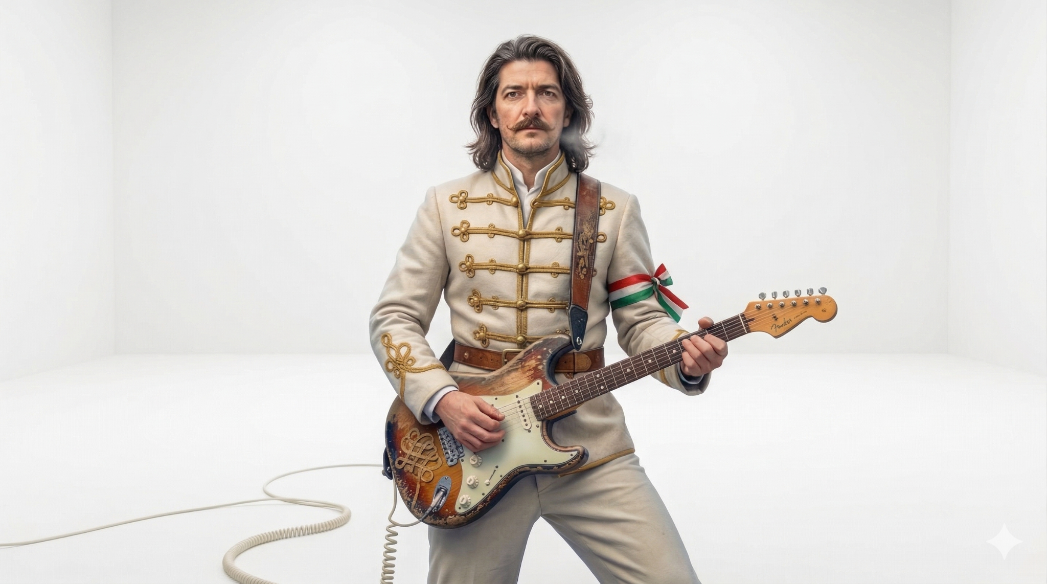 Fehér huszárruhás gitáros